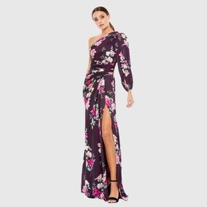 Purple One Sleeve Floral Print Charmeuse Gown With Slit